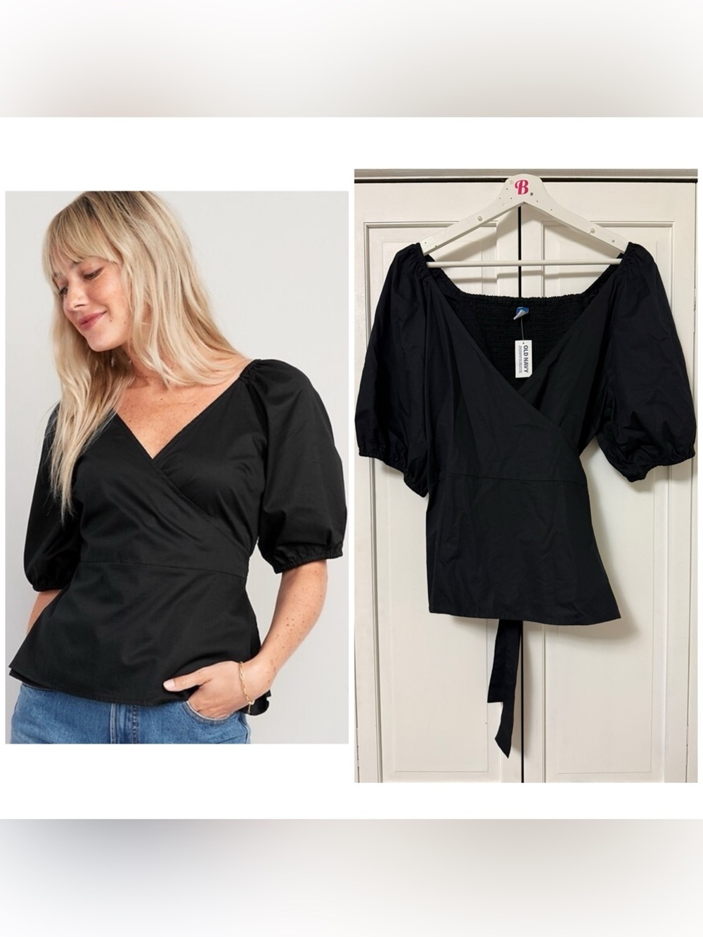 NWT Old Navy Black Puff Sleeve Wrap Blouse Smocked Back XL Dark Romantic